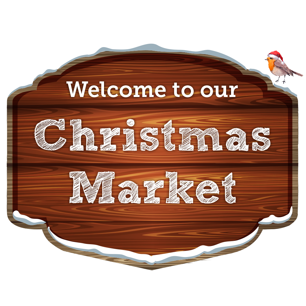 Welcome to the Christmas Market Sign with a festive robin on the top right of the sign